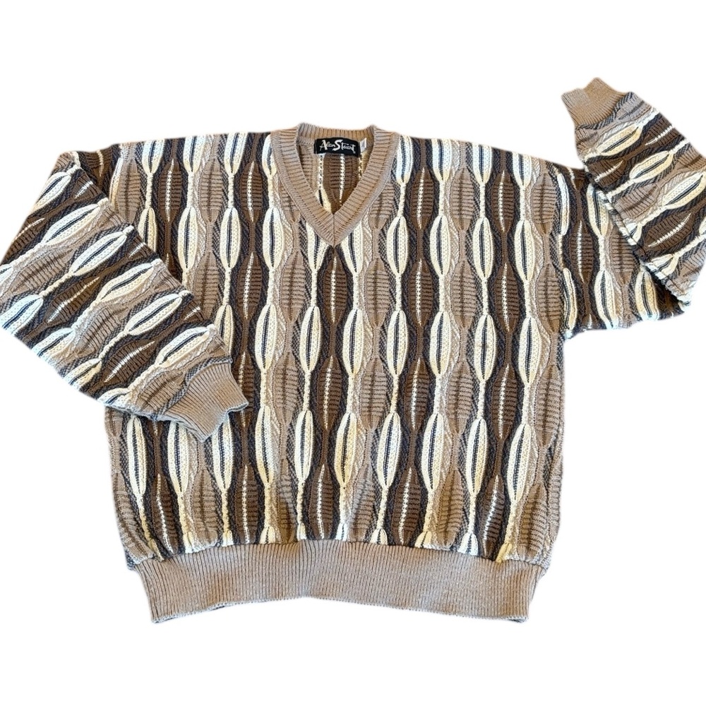 Vintage Alan‎ Stuart 80s 3D V Neck Brown Tan Knit Sweater Size Large